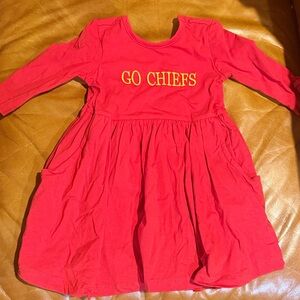 Ruffle Butts Go Chiefs Red Kids Dress with Gold Lettering